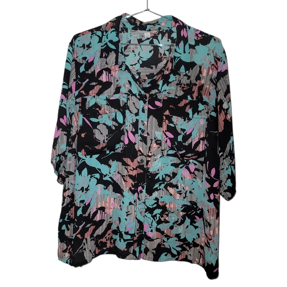 Boutique 80s Retro Floral Print Button Down Top 2X